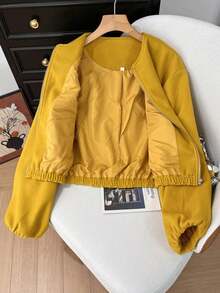 Chaqueta casual de primavera/verano para mujer, elegante y de moda, suelta y suave, de unicolor, con cremallera y bolsillos, chaqueta bomber beige, adecuada para festivales de música/temporada de bodas - Amarillo - Ver 6