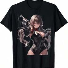 1 pieza Camiseta de manga corta con estampado de chica gato pastel de anime, cuello redondo, estilo casual, tallas grandes, ropa de estilo business casual, diseño de personaje lindo, inspiración Y2K, corte regular, adecuada para todas las estaciones, se puede lavar en secadora, 180g, 100% algodón. |   Diseño exquisito |   Suelto y cómodo |   Fácil de combinar | - Negro 9 - Ver 1