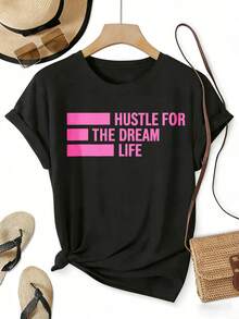 Camiseta Estampada para Mujer - Camiseta Casual de Manga Corta y Cuello Redondo Negra con Texto Rosa Lucha por la Vida de tus Sueños. Con un Corte Relajado para Todas las Estaciones, Perfecta para Uso Diario o Atuendos de Vacaciones (Lavable aáquina). - Negro - Ver 1