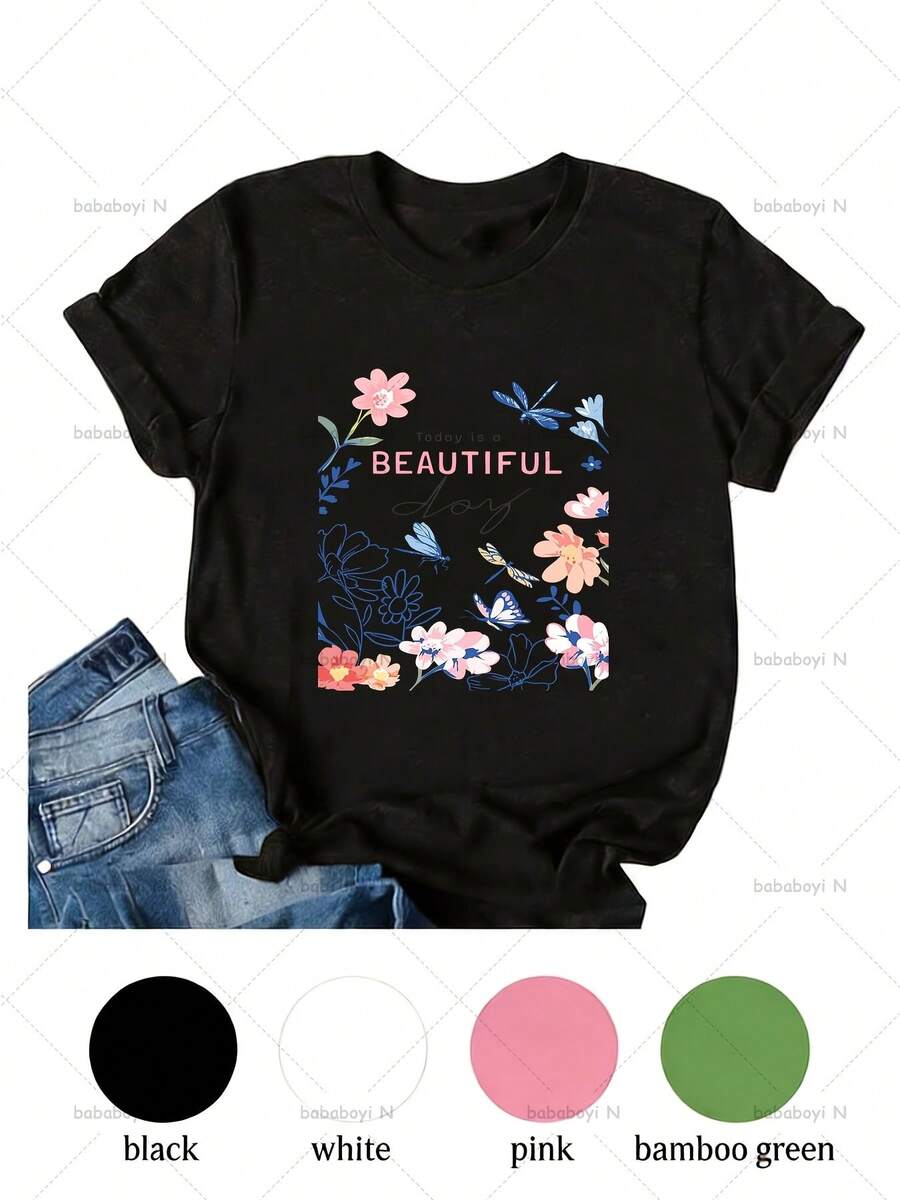 Camiseta Estampada para Mujer - Camiseta Casual de Manga Corta y Cuello Redondo en Negro con Diseño Floral y Texto HERMOSA, Corte Relajado para Todas las Estaciones, Perfecta para Uso Diario y Atuendos de Vacaciones (Lavable aáquina). - Negro - Ver 1