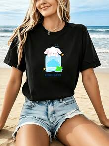 Camiseta Deportiva Casual para Mujer con Diseño Colorido de Conejo - Camiseta Negra Elástica de Cuello Redondo, Lavable aáquina, Ajuste Cómodo para Todas las Estaciones, Perfecta para Mujeres Rubias, Estilo Divertido y Versátil. - Negro - Ver 6