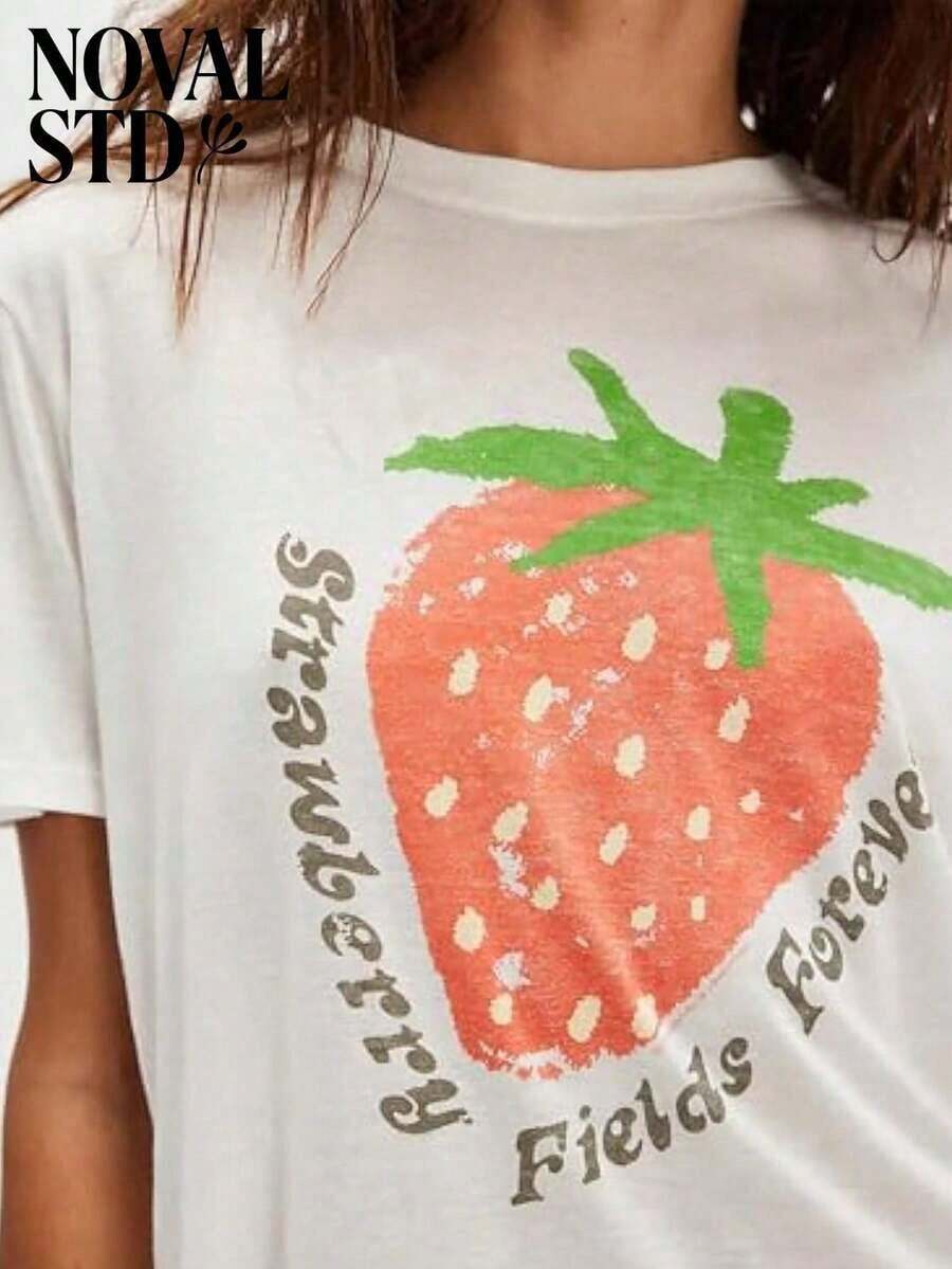 1 Piece Of White Short-Sleeved T-Shirt With Round Neck, Casual Holiday Style, Loose And Multifunctional, With Beatles Strawberry Field Forever Print For Women, Ideal For Everyday Wear. 180g 100% Cotton. - 白色 4 - 查看 1