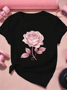 Limited Time Offer, Limited Quantity Available, Flash , Women's Shirts, Women's T-Shirts, Plus Sizes - Plus Size - Elegant Women's Rose Print T-Shirt - Casual Short Sleeve, Crew Neck, Machine Washable - The Perfect Choice For Summer. Fashionable Black Printed T-Shirt For Women. Classic Short Sleeve T-Shirt For Women. Soft Casual Regular Fit T-Shirt. - 黑色 - 查看 1