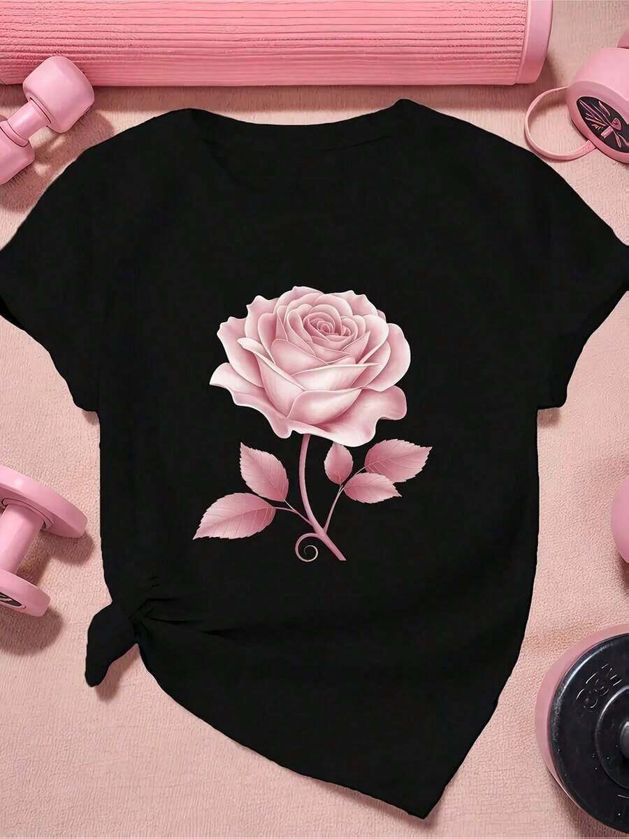 Limited Time Offer, Limited Quantity Available, Flash , Women's Shirts, Women's T-Shirts, Plus Sizes - Plus Size - Elegant Women's Rose Print T-Shirt - Casual Short Sleeve, Crew Neck, Machine Washable - The Perfect Choice For Summer. Fashionable Black Printed T-Shirt For Women. Classic Short Sleeve T-Shirt For Women. Soft Casual Regular Fit T-Shirt. - 黑色 - 查看 1