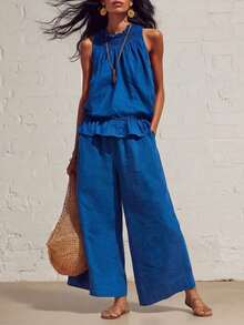 Nuevo conjunto de dos piezas de lino y algodón de estilo bohemio retro con volantes - Azul - Ver 4