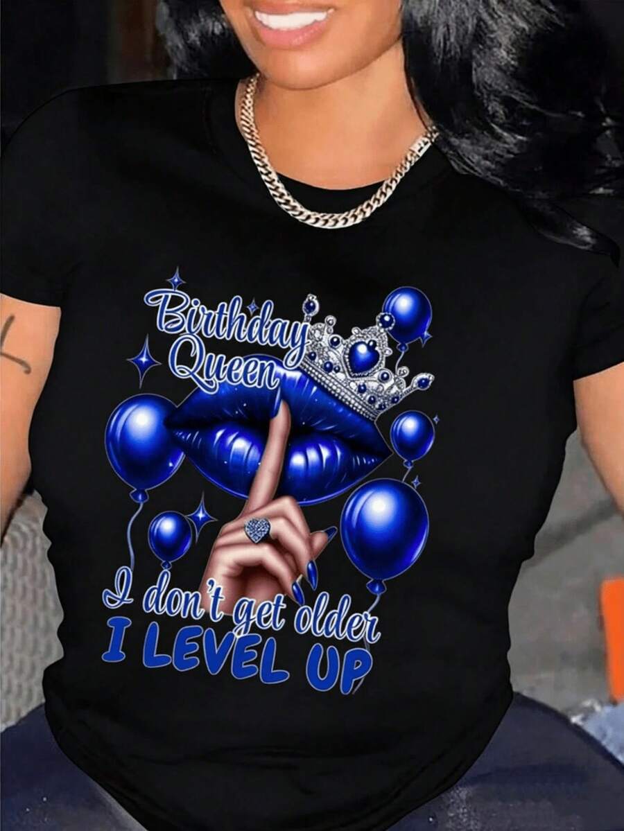 Camiseta con Estampado de Cumpleaños de la Reina, 100% Algodón, Camiseta Casual de Cuello Redondo con Estampado de Globos y Labios, Largo Regular, Tejido de Punto, Adecuada para Todas las Temporadas, Camiseta para Todas las Temporadas| Diseño Humorístico| Camiseta de talla grande con elasticidad media {S-4xl} y corte relajado - Negro - Ver 1
