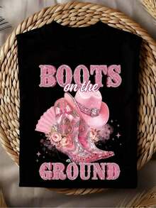 Y2K Women's Graphic Tees - Western Cowboy Style - Shiny Boot Print, Ideal For Country Parties, Rodeos, And Summer Outfits. Oversized Short-Sleeve Cotton T-Shirt, Casual Urban Style, Fashionable Women's Tops, Loose Summer Tees, Everyday Wear. - 黑色 - 查看 2