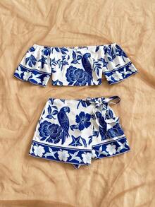 Conjunto de 2 piezas de blusa con hombros descubiertos y estampado floral de manga corta y falda pantalón de moda para mujer - Multicolor - Ver 6