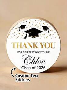 Customizable Round "Graduation Thanks" Stickers - Can Be Personalized With Name, Year And Other Details. Optional Custom Gold Graduation Cap Design - Perfect For Graduation Celebrations, Sealing Gifts, Envelopes And More! - Multicolor 02 - View 2