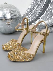 Sandalias de tacón alto con punta cuadrada, de moda para primavera/verano - Dorado - Ver 10