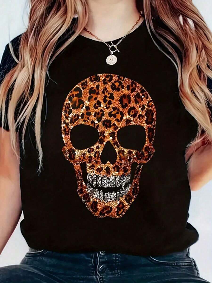 Women's Casual Black T-Shirt With Gold Leopard Skull Print - Short Sleeve, Round Neck, All Season Top, Casual Wear, Skull Print Top, Comfortable Fit, Leopard Print Shirt - 黑色 - 查看 1