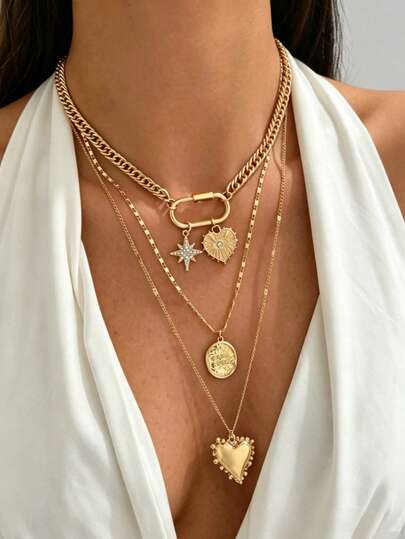 Bộ 3 mặt dây chuyền hình trái tim kiểu cổ điển "GOOD LUCY" đính đá và hình ngôi sao bát giác, dây chuyền kim loại nhiều lớp, trang sức thanh lịch dành cho nữ, thích hợp cho các buổi đi chơi, tiệc tùng và đeo hàng ngày.