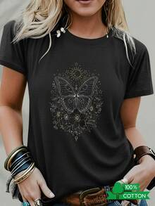 Women's T-Shirt With Round Neck And Anime Letter Print, Simple Design, Comfortable And Breathable, Suitable For Casual Daily Wear, Showing A Natural And Elegant Style, A Must-Have For Summer Parties, With Butterfly And Flower Motifs. - 黑色 - 查看 7