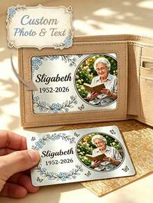 1pc Custom Photo Memorial Aluminum Wallet Insert Card, Personalized Text Memorial Card, Customizable Name & Date Sympathy Keepsake Card, Forget-Me-Not Floral & Butterfly Design With Round Photo Frame, Brushed Aluminum Material - Silver - View 2