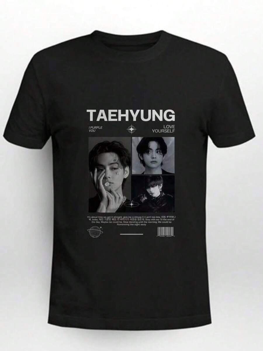 Camiseta Negra Casual con Estampado Temático de Taehyung I Purple You, Copa Mundial 2026, Ropa de Mujer - Negro - Ver 1