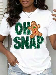 Women's Christmas Themed Crew Neck T-Shirt, Gingerbread Man Print, Casual Holiday Outfit - 白色 - 查看 6