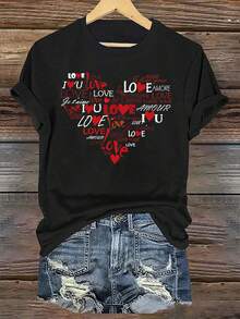 ¡Oferta por tiempo limitado, unidades limitadas,  relámpago! Camisas casuales para mujer, camisetas de poliéster para mujer, camisas elegantes. Camiseta casual de cuello redondo para mujer con estampado gráfico de corazones "Te amo", manga corta, tejido de poliéster suave, ideal para todas las estaciones - Azul con diseño de corazones rojos - Negro - Ver 1
