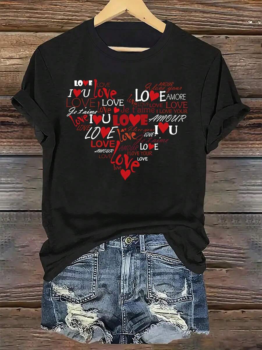 ¡Oferta por tiempo limitado, unidades limitadas, relámpago! Camisas casuales para mujer, camisetas de poliéster para mujer, camisas elegantes. Camiseta casual de cuello redondo para mujer con estampado gráfico de corazones "Te amo", manga corta, tejido de poliéster suave, ideal para todas las estaciones - Azul con diseño de corazones rojos - Negro - Ver 1