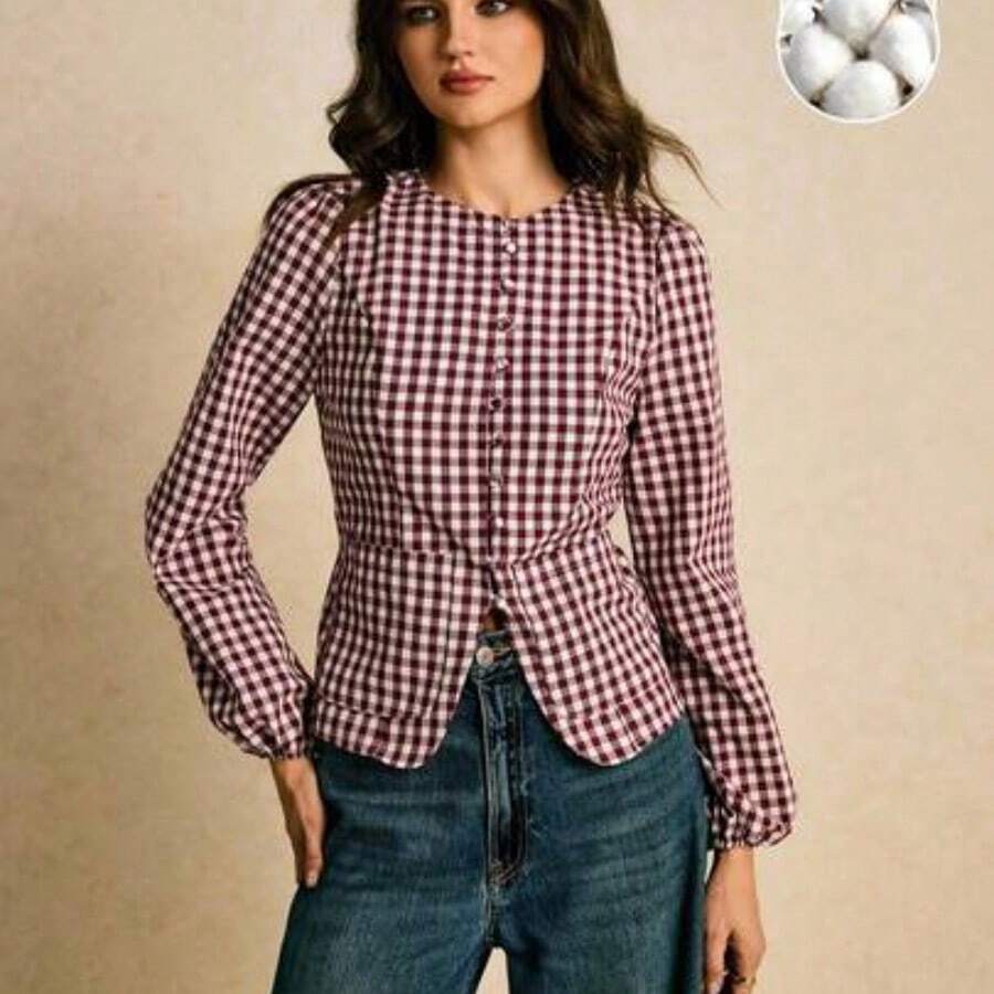 Camisa casual de mujer de manga farol de solapa única a cuadros - Burdeos - Ver 1