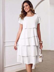 Vestido de mujer de unicolor con cuello redondo, mangas cortas con volantes en los puños y dobladillo con volantes, vestido de moda para vacaciones, primavera y verano - Blanco - Ver 3
