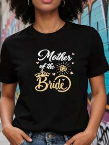 Women's T-Shirt, "Mother Of The Bride" With Diamond Crown Design For A Happy Wedding Party Theme, With Letter Prints. This Black Short-Sleeved, Round-Neck T-Shirt Is Suitable For Spring, Summer, And Autumn. - 黑色 - 查看 5