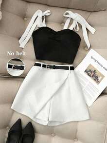 Conjunto Sexy  de 2 Piezas – Top con Tirantes Finos y Lazo Frontal en Contraste + Shorts Color Caqui – Perfecto para Vacaciones y Citas - Blanco - Ver 7