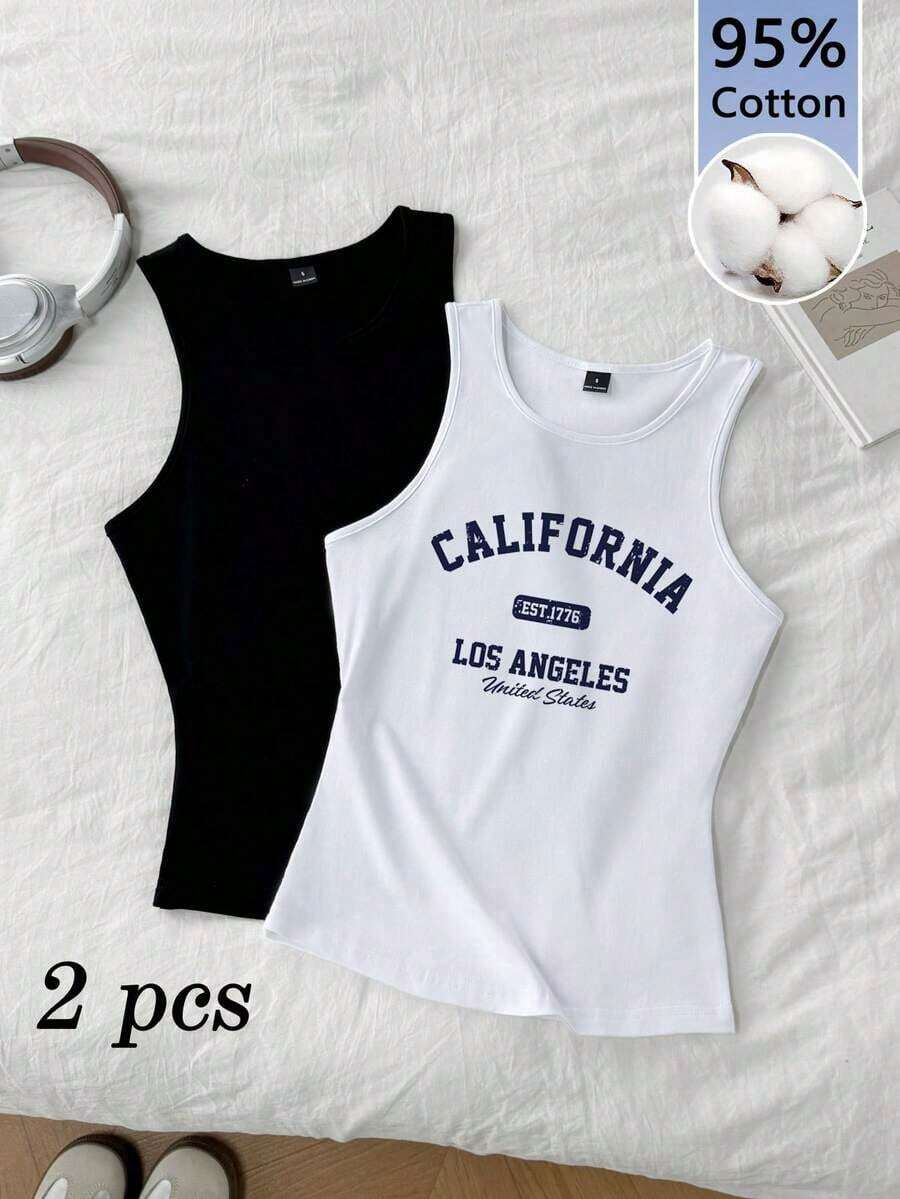 2 piezas de camiseta de tirantes de mujer de ajuste ceñido con estampado minimalista de letras de California en negro y blanco - 95% algodón, para primavera y verano, uso en todas las estaciones, vuelta al colegio, ropa de casa y deporte, estilo re - Blanco y Negro 3 - Ver 1