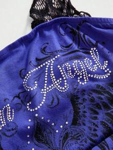 Conjunto de concierto Y2K para mujer, top corto de algodón con contraste de encaje y estampado de calavera punk en 2 en 1 - Azul - Ver 4