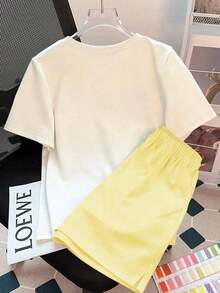Conjunto de 2 piezas de camiseta y pantalones cortos casuales de mujer con bordado floral, para verano - Multicolor 4 - Ver 2