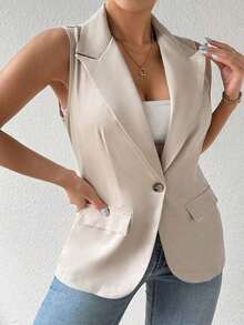 informal sin mangas con cuello francés y botones de unicolor para mujer de talla grande - Caqui - Ver 4