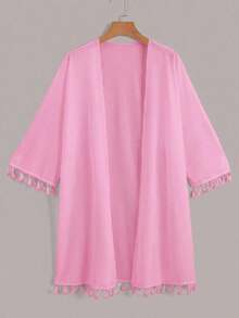 Kimono suelto con mangas con flecos de unicolor para mujer, adecuado para vacaciones - Rosa 2 - Ver 1