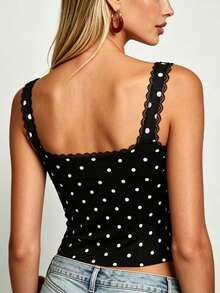 Women's Polka Dot Lace Trim Cami Top Spaghetti Strap Open Front Ruched Bustier Crop Top - Black and White - View 2