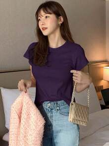 Camiseta de manga corta de mujer de cuello redondo de unicolor básica blanca, para primavera/verano, estilo casual empresarial - Morado Violeta - Ver 5