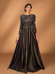 y lujoso vestido de manga larga transparente con bordado de encaje floral, con perlas y lazo con diamantes, con vuelo.Adecuado para boda, fiesta, vacaciones, baile de graduación, vestido de noche para novia, madre de la novia - Café integral - Ver 7