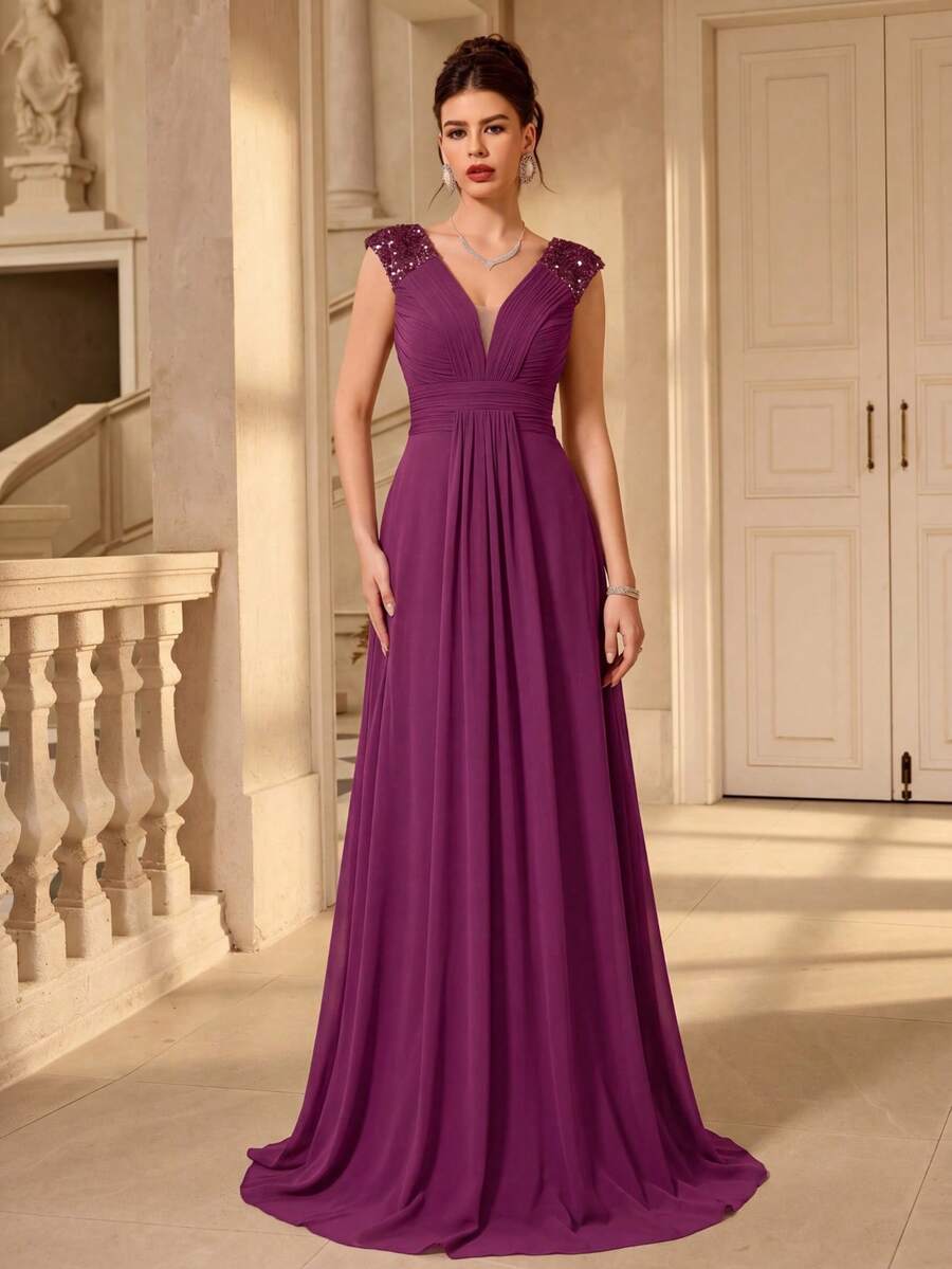 UNITHORSE Vestido de Noche para Fiesta y Boda con Cuello en V, Mangas con Volantes, Plisado, Malla de Hoja y Empalme de Malla, Otoño - Rojo violeta - Ver 1