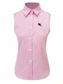 Camisa de mujer tipo cárdigan de ajuste ceñido, sin mangas, con cuello, rayas y bordado en contraste, nueva llegada de verano - Rayas rosas - Ver 2