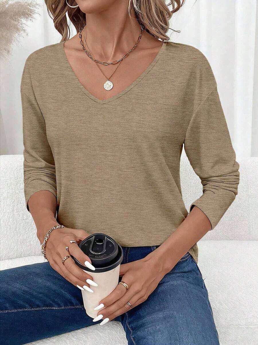 Camiseta de manga larga con cuello en V regular y estilo minimalista casual, adecuada para otoño/invierno - Caqui - Ver 1