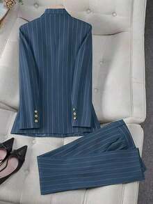 Conjunto de traje a rayas, blazer de negocios casual de doble botonadura y pantalones a medida, estilo versátil adecuado para varias ocasiones, conjunto de 2 piezas - Celeste - Ver 2