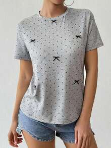 Camiseta casual, suelta, de cuello redondo y manga corta para mujer, primavera/verano - Gris - Ver 4