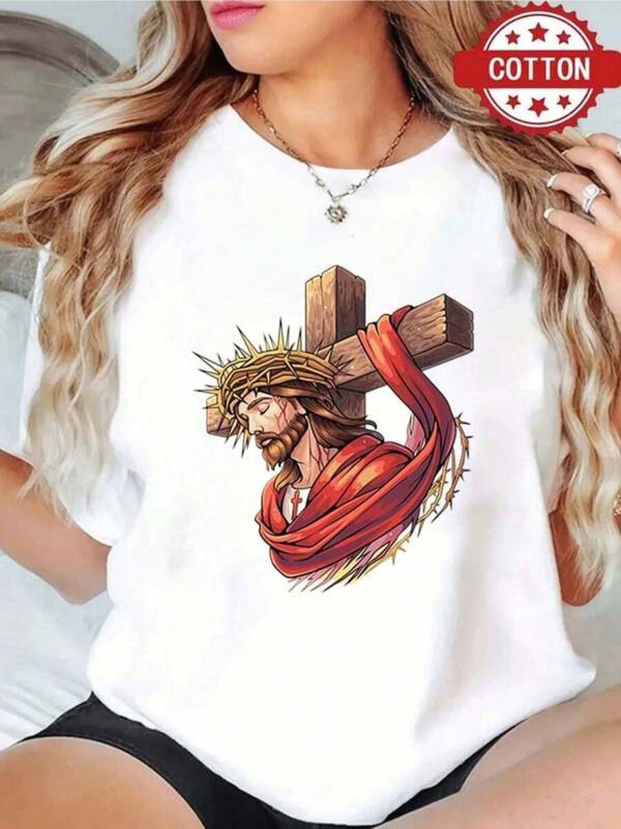 1 Blusa para Mujer, Preciosas Blusas para Mujer, Conjuntos de Ropa para Mujer, Cristo 180G Blanco y Negro con Estampado, Alta Calidad, Estampado Religioso en Cuello Redondo, Corte Holgado Básico, Transpirable, Versátil, Lavable a Máquina, Cómoda, Talla S ~ 2XL, Ideal para Uso Diario Casual, Deportivo, Esencial para el Verano. - Negro - Ver 1