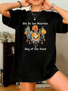 Camiseta con gráfico De Dia De Los Muertos con Cactus De calavera Deúcar para mujer - Negro - Ver 7