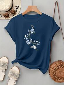 Elegant Women's Blouse With Modern Print, Round Neck And Short Sleeves 100% Cotton NC-13350 - 藍色 - 查看 5