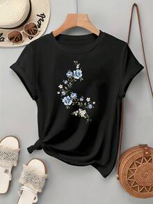 Elegant Women's Blouse With Modern Print, Round Neck And Short Sleeves 100% Cotton NC-13350 - 黑色 - 查看 3