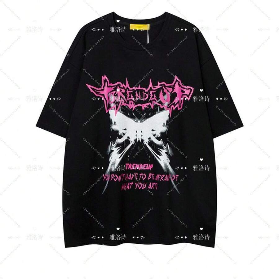Thick Cotton Short-Sleeved T-Shirt With Letter And Butterfly Print, American Retro Hip-Hop Style, For Men And Women Couples. - Black - View 1