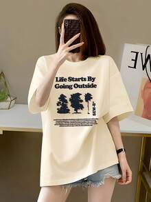 Cute Loose-Fitting T-Shirt With English Letter Print, Women's Short-Sleeved White Summer Top - 杏 - 查看 1