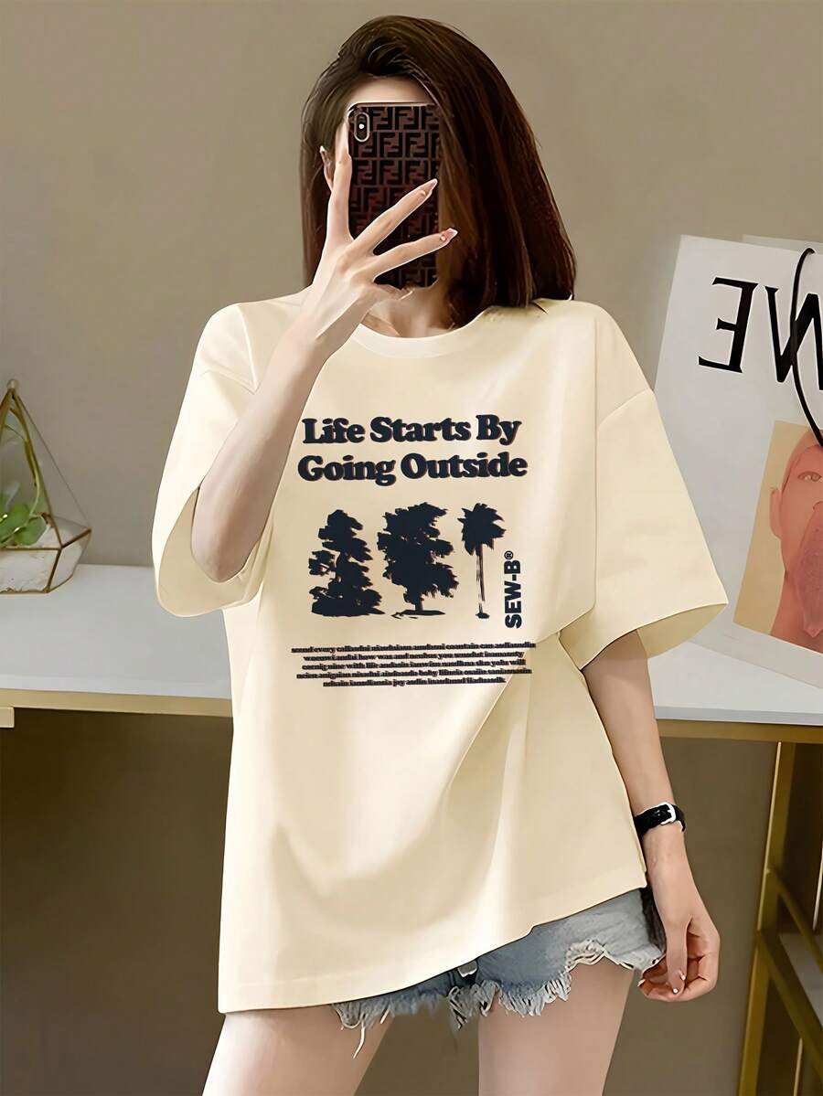 Cute Loose-Fitting T-Shirt With English Letter Print, Women's Short-Sleeved White Summer Top - 杏 - 查看 1