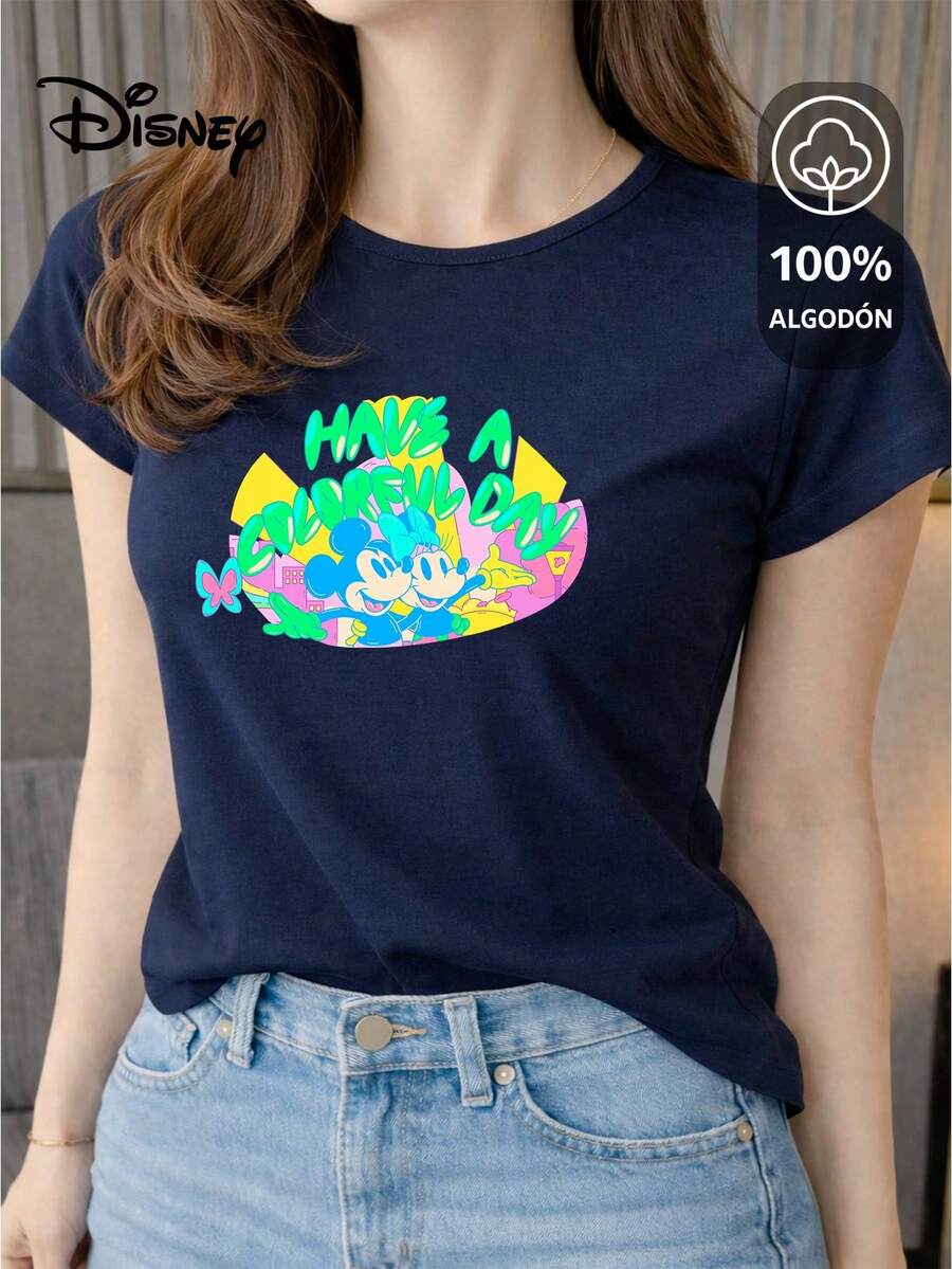 Women's T-Shirt Made Of 100% High-Quality Cotton, This T-Shirt Guarantees Exceptional Softness To The Touch, Round Neck With "Disney Mickey & Minnie Have A Colorful Day" Print And Short Sleeves - 藏蓝色 - 查看 1