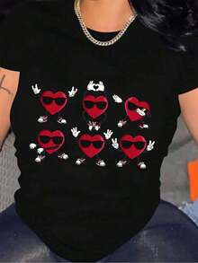 Women's Casual Graphic T-Shirt, 100% Cotton, Black, Crew Neck, Short Sleeves And Fun Heart Design. Loose Fit. Machine Washable. - 黑色 - 查看 1