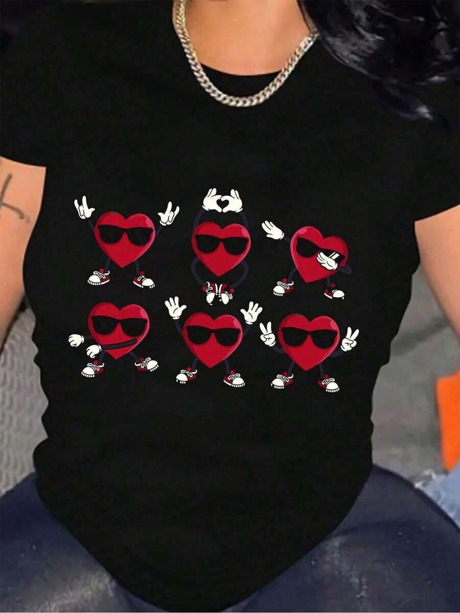 Women's Casual Graphic T-Shirt, 100% Cotton, Black, Crew Neck, Short Sleeves And Fun Heart Design. Loose Fit. Machine Washable. - 黑色 - 查看 1
