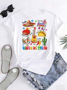 Camiseta Cinco de Mayo con Temática de Fiesta, con Sombrero, Piñata, Taco, Guitarra, Maracas, Cactus y Texto para Celebración de Fiesta, Ropa Fresca de Verano para Mujer - Blanco - Ver 4